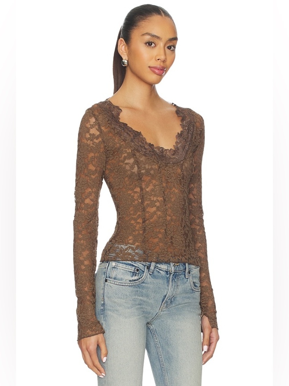 INTIMATELY FREE PEOPLE BROWN LACE ALL NIGHT LONG SLEEVE SHEER TEAK TOP SZ S - Picture 5 of 8